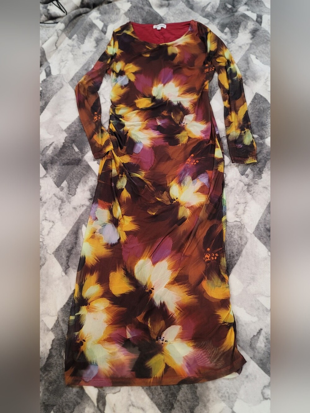 kathy ireland Long Sleeve Floral Maxi Dress in Brown, Yellow & Purple